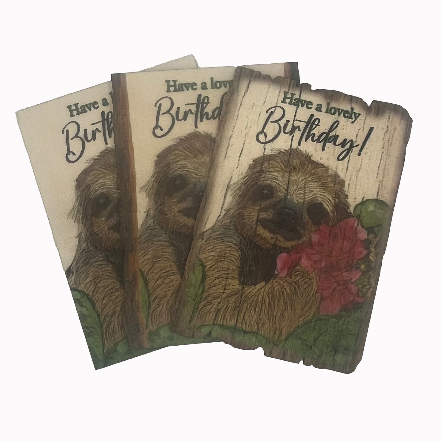 Real wood birthday card happy sloth