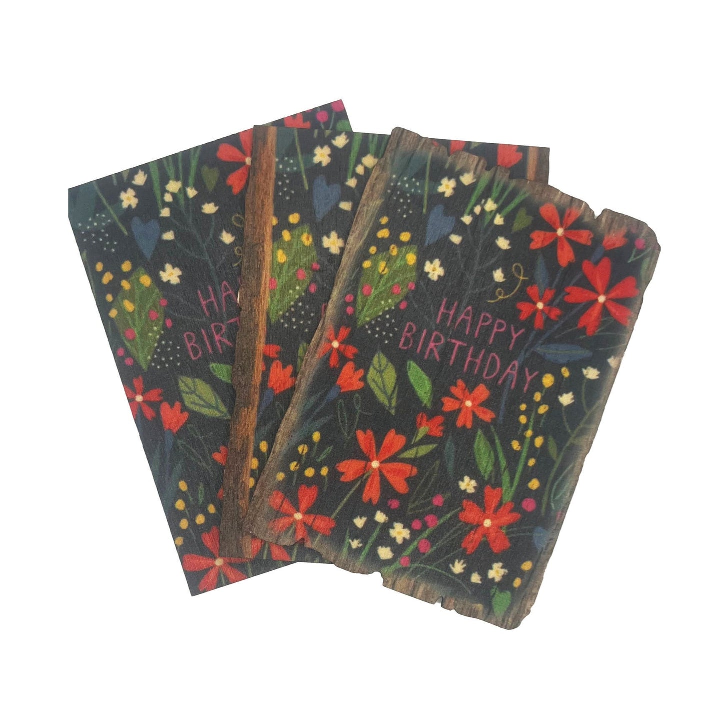 Real wood birthday card blue flowers